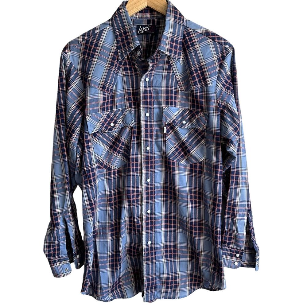 Levi's Vintage 80s Western Pearl Snap Plaid Shirt White tab L